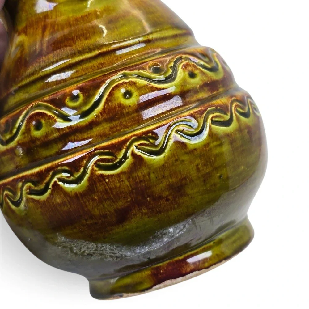 Signed Studio Pottery Vase Olive Green Brown Glaze Incised Design 6.75